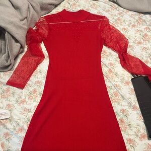 Elegant Red Dress with Sheer Sleeves